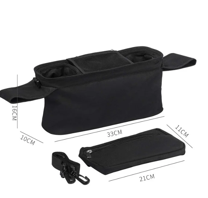 Organisateur poussette bébé poches multiples matériau doux téléphone portable compartiment biberon accessoires pratiques design moderne usage quotidien