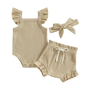 Tenue d&rsquo;été pour nouveauné fille ensemble short à volants en fibre tricotée barboteuse haut bloomer vêtements bébé 01 ans unisex