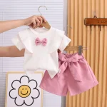 Ensemble vêtements été bébé fille haut et short à nœud 2 pièces rose pastel texture côtelé doux summer wear mode enfant