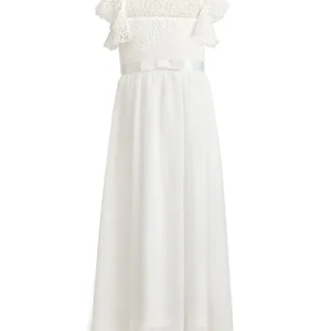 Robe d&rsquo;été pour fille en dentelle et tissu fluide longue style princesse occasion spéciale 713 ans blanche satin à la taille