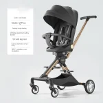 Poussette bébé polyvalente convertible kingdou en acier inoxydable noir avec reposejambes ajustable et canopy