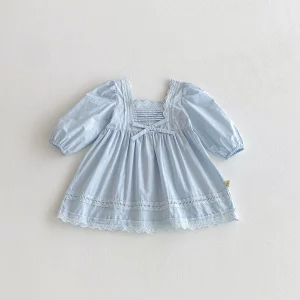 Robe bébé fille princesse automne manches longues dentelle col carré nœud coton pastel vintage style romantique cadeau naissance robe enfant occasion spéciale