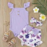 Ensemble vêtements été bébé fille maillot bain accessoires short floral 3 pièces 01 an coton spandex rose violet