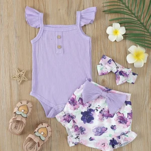 Ensemble vêtements été bébé fille maillot bain accessoires short floral 3 pièces 01 an coton spandex rose violet