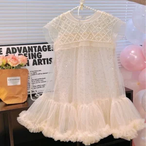 Robe princesse fille vêtements enfants col perles coréen mode printemps été 2024 beige 46 ans confortable élégant qualité
