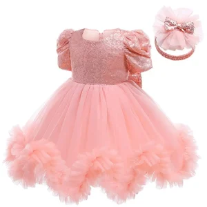 Robe d&rsquo;anniversaire pour bébé fille, robe de baptême pour nouveau-né, pour enfants en bas âge, robe de bal de mariage, Costume de concours à paillettes – Shrimp Pink