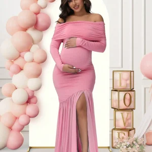Robe de Soirée Élégante pour Femme Enceinte Maternité Fente Décolletée Ourlet en Queue de Poisson Polyester et Spandex Pink Robe de Soirée Élégante pour Femme Enceinte Maternité Fente Décolletée Ourlet en Queue de Poisson Polyester et Spandex Pink