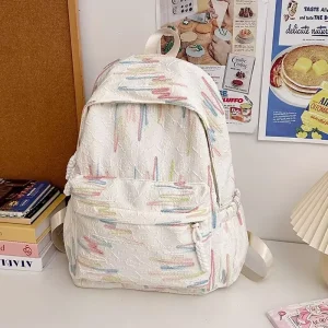 Sac à dos école design moderne style jeune tissu polyester nylon résistant compartiment zip bretelles ajustables blanc pastel motif lignes colorées