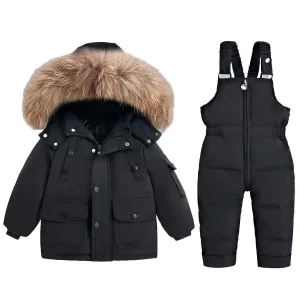 Ensemble vêtements hiver bébé manteau salopette neige vêtements chauds intempéries style européen américain noir faux fourrure
