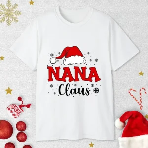 Tshirt Noël Famille Claus NANA design festif manches courtes blanc pour maman papa oncle tante grandmère original cadeau