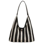 Sac fourretout tricoté style vacances été sac à bandoulière mode boho chic grande capacité matière respirante design rayures noires et blanches