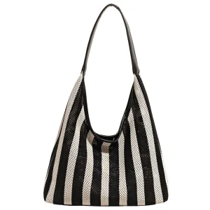 Sac fourretout tricoté style vacances été sac à bandoulière mode boho chic grande capacité matière respirante design rayures noires et blanches Sac fourretout tricoté style vacances été sac à bandoulière mode boho chic grande capacité matière respirante design rayures noires et blanches