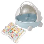 Portebébé poupée couchette transportable pour peluches boîte rangement avec coussin floral accessoires jeu éducatif pour enfants design moderne bleu