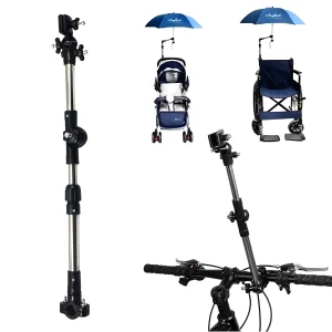 Support de parasol pour poussette et fauteuil roulant réglable en hauteur et angle métal et plastique fixation rapide design moderne protection solaire bébé