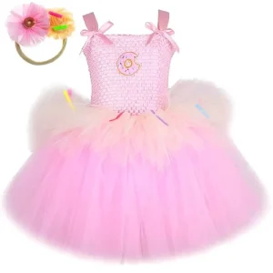 Robe Anniversaire Tutu Rose en 3 Couches pour Fille Costume Fête Enfant Tenue Photo Tutus Moelleux avec Bandeau Fleur