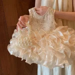 Robe princesse été bébé fille perles brillantes nœud dos anniversaire 1er an accessoires bébé collection 2025
