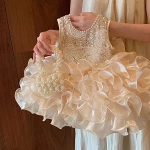 Robe princesse été bébé fille perles brillantes nœud dos anniversaire 1er an accessoires bébé collection 2025