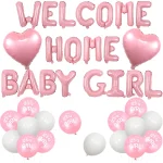Ensemble de decorations bienvenue bébé fille bannière rose ballons WELCOME HOME cœur IT&rsquo;S A GIRL fete naissance thème fille