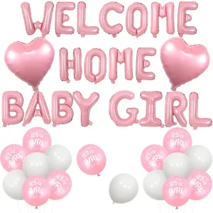 Ensemble de decorations bienvenue bébé fille bannière rose ballons WELCOME HOME cœur IT&rsquo;S A GIRL fete naissance thème fille