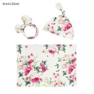 Ensemble bébé 3 pièces coton floral bonnet serretête oreilles couverture motif rose cadeau naissance fille garçon