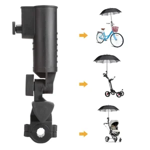 Support universel pour parasol durable et stable fixe facilement sur poussette landau fauteuil roulant vélo ou trottinette design fonctionnel et robuste en plastique noir