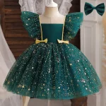 Robe de soirée princesse pour enfant tulle paillettes nœud étoile vert occasion spéciale robe bouffante fille 36 ans style féerique