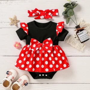 Robe à pois pour bébé fille style Lolita tunique à nœud vêtement d&rsquo;été doux accessoire bandeau incl. zt678