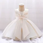 Robe Élégante pour Bébé Fille Tenue de Princesse Soirée ou Mariage Blanc Crème coupe Évasée nœud Satin 13 Ans