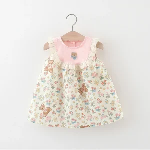 Robe d&rsquo;été bébé fille coton dentelle florale ours en peluche robe sans manches 04 ans confortable et安全