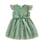 Robe trapèze pour fille manches volantes broderie fleurs robe soirée été avec ceinture