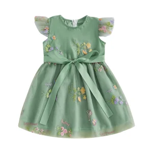 Robe trapèze pour fille manches volantes broderie fleurs robe soirée été avec ceinture