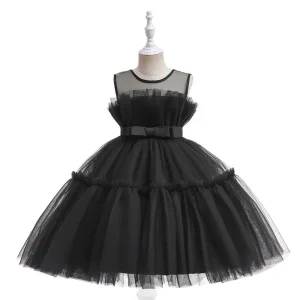 Robe de cérémonie bébé fille en tulle noir satinée élégante robe sans manches pour événements formels cérémonies anniversaires