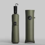 Parapluie pliable robuste à 16 nervures manche en bois design minimaliste couleur verte olive portable et résistant