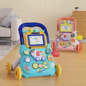 Trotteur Éducatif pour Bébé Vitesse Réglable AntiRenversement Jouet Marcheur avec Musique et Lumières Poussette pour Enfants 02 Ans Pink & Blue