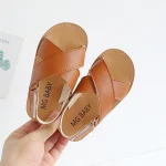 Sandales d&rsquo;été pour enfants MG BABY nouées croisées faux cuir brun plage et quotidien style moderne enfants 25 ans beige intérieur