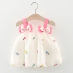 Robe princesse sans manches à bretelles et nœud papillon pour bébé fille tenue pour enfant en bas âge costume d&rsquo;anniversaire robe blanche avec broderies florales