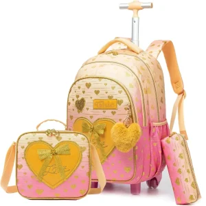 Sac à dos à roulettes girly avec trousse et lunch box sacs d&rsquo;école mignons pour filles design cœurs dorés rose vif 31x45x21 cm