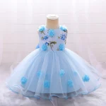 Robe princesse tulle fleurs sans manches pour filles mariage anniversaire cérémonie élégante en polyester et viscose