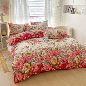 Ensemble literie floral 3 pièces housse couette taies oreiller traversin style vintage romantique lit chambre coucher doux confortable