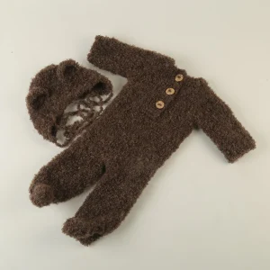 Tenue tricotée crépue bébé garçon ensemble photo nouveauné ours en peluche bonnet et barboteuse accessoires photo style doux 01 ans