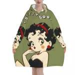 Poncho Betty Boop à capuche design rétro doux et confortable idéal pour l&rsquo;automne/hiver poncho pour femme et homme polyester moelleux poche intégrée