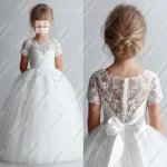 Robe demoiselle d&rsquo;honneur manches courtes princesse première communion jupe concours anniversaire sur mesure W1.1.24