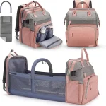 Sac à dos multifonctionnel bébé sac à langer portable lit de voyage couffin pliable ombre CPull coussin éponge étanche  gris et rose