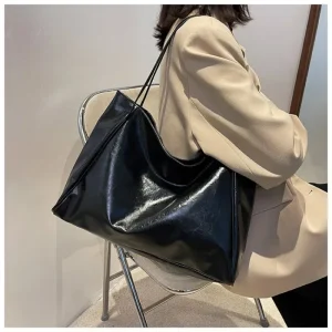 Sac fourretout en cuir PU souple pochette sous les bras grande capacité sac à bandoulière rétro décontracté portable  Noir