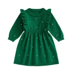 Robe tricotée pour filles manches longues volants sur les épaules perles couleur verte vêtements bébé fille automne 2023 mode enfantine
