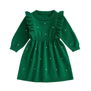 Robe tricotée pour filles manches longues volants sur les épaules perles couleur verte vêtements bébé fille automne 2023 mode enfantine