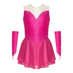 Robe de patinage artistique fille rose vif tutu strass gants assortis vêtements danse élégance style moderne compétition spectacle