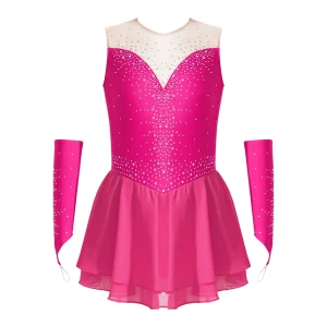Robe de patinage artistique fille rose vif tutu strass gants assortis vêtements danse élégance style moderne compétition spectacle