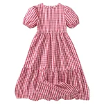 Robe longue bébé fille motif carreaux rouge et blanc manches bouffantes col rond style romantique robe été bébé fille tenue décontractée respirante élégante
