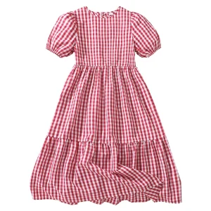 Robe longue bébé fille motif carreaux rouge et blanc manches bouffantes col rond style romantique robe été bébé fille tenue décontractée respirante élégante